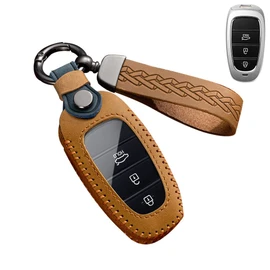 ontto Leather Car key fob cover fit for Hyundai Tucson NX4 Ioniq 5 Nexo Solaris Santa Fe TM Sonata DN8 2020-2022 Keychain Keyring Accessories remote key case key bag Protector Brown