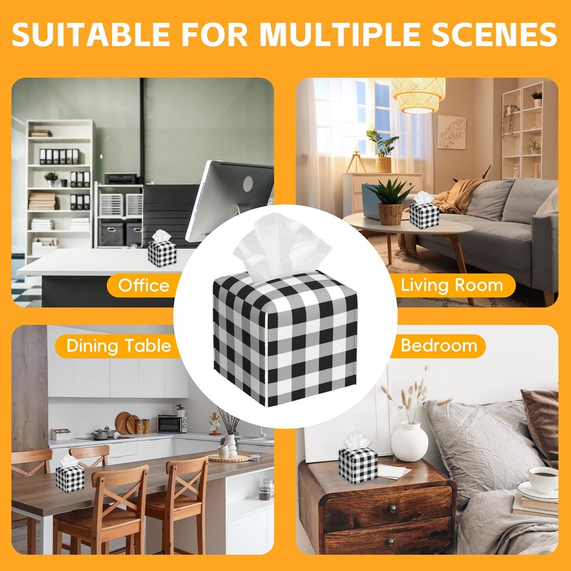 Tissue Box Cover Square, Black Grey White Buffalo Plaid Checkered
