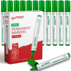 EXTRIC Permanent Markers, Chisel Tip, Green, Quick Drying Ink, Works on Paper, wood, Plastic, metal and Glass, Great for Home, Office and School use