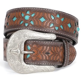 JASGOOD Men Women Western Leather Belt Cowhide Engraved Belt Western Cowboy Cowgirl Country Belt with Retro Buckle for Jeans Dresses Brown XL