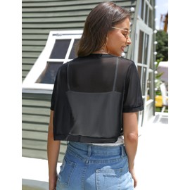 Aiboria Women Short Sleeve Sheer Mesh Shrugs Open Front Bolero Cardigan Black