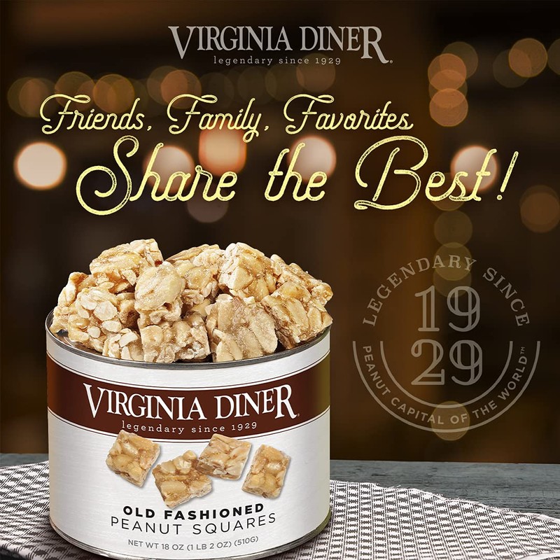Virginia Diner Old-Fashioned Peanut Squares Candy, Virginia Peanuts -18oz Tin