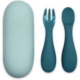 TUM TUM Cubertería de aprendizaje con funda – Cubiertos para bebé para comer uno mismo, 6 meses +, azul