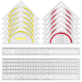 Set of 18 Geometry Triangle, Drawing Triangle Protractor, 2 Functions, Flexible Set Square for Circles Drawing, 6 Set Squares with Yellow Handle + 6 Red Set Squares + 6 12 Inch Transparent Ruler for