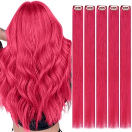RUNATURE Pink Hair Extensions for Women Clip in Human Hair Double Weft Clip in Real Hair Extensions Hot Pink Human Hair Clip in Extensions Natural 14 Inch 25g 5pcs