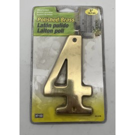 Hy-Ko Solid Brass 5" Address Number 4 - Polished Brass - New In Package