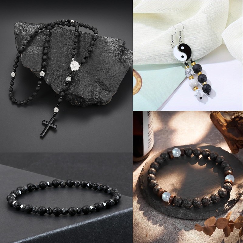 HERZWILD 470Pcs Black Lava Stone Beads 8mm Round Natural Gemstone
