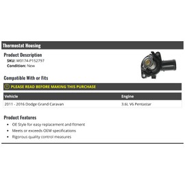 Marketplace Auto Parts Thermostat Housing - Compatible with 2011-2016 Dodge Grand Caravan 3.6L V6 Pentastar