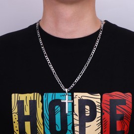 MILACOLATO 925 Sterling Silver Cross Necklace for Men Women, 5mm Durable Stainless Steel Diamond-Cut Figaro Chain with Big Beveled Edge Sterling Silver Cross Pendant, Mens Silver Crucifix Cross Necklaces Jewelry 18 Inches