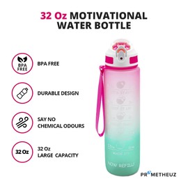 PROMETHEUZ Sports Water Intake Reminder Bottle with Time Marker and Straw, Leakproof Tritan BPA-Free, Fast Flow, Dark Pink Purple Mint, 32 oz