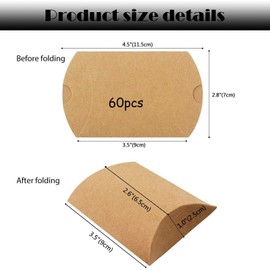 60Pcs Brown Pillow Boxes for Gifts Kraft Paper Small Gift Boxes With 60Hemp Ropes Kraft Pillow Candy Boxes with Stickers for Wedding Party Birthday Decoration