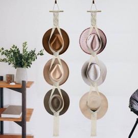 Besoamo 2 Pieces Macrame Hat Hangers, Bohemian Hat Rack Hat Organizer for Wall Hanging, Handmade Woven Hat Holder for Woman Man, Decorative Boho Hanger Cap Holder for Wide Brim Caps (Three Hats Style)