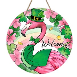 Deroro Welcome St Patricks Day Flamingo Front Door Sign, Pink Lucky Shamrock Clover Rainbow Wood Door Hanger Outdoor Outside Porch Decor, Spring Irish Wooden Wreath Indoor Wall Hanging Decoration