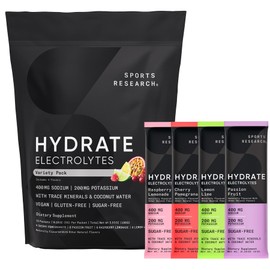 Sports Research® Hydrate Electrolytes Powder Packets - Sugar-Free & Naturally Flavored with Vitamins, Minerals, and Coconut Water - Supports Hydration - 16 Packets - Variety Pack