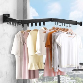 SWAWIS Clothes Airer Wall Mounted Clothes Rail 120 cm Extendable Foldable Clothes Airer Clothes Rail Wall with 18 Hooks for Balcony, Laundry, Bathroom, Bedroom, Three Folds