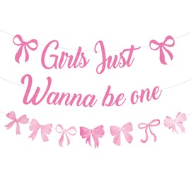 Bow 1st Birthday Decorations Pink - 3 Pcs Pink Party Decoration Including Girls Just Wanna Be One Banner and Bows Banners for Girls First Birthday Baby Shower Christening Supplies