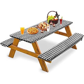 Picnic Table Cover with Bench Covers (72" x 30")- 3 Piece Vinyl Tablecloth Waterproof Checkered Fitted Picnic Table Covers with Elastic Edge for Outdoor/Indoor Camping Party, 72X30 Inch