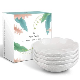 STAR MOON 27 Oz Ceramic Large Pasta Bowls, Elegant Vintage Porcelain Large Serving Bowls for Salad, Microwave & Dishwasher Safe, Lucky 4-Leaf Clover Collcetion, Set of 4 (White)