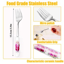 Jeffbaubl 12 Pcs Dinner Forks, Stainless Steel Dessert Forks with Ceramic Handle, Floral Design Flatware for Home & Restaurant (12 Floral Patterns)