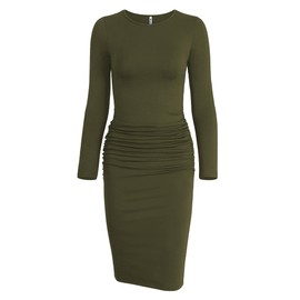 Missufe Long Sleeve Ruched Casual Sundress Women's Knee Legnth Bodycon Sheath Dress (Army Green, Medium)