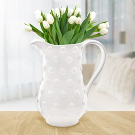 AuldHome Design White Hobnail Ceramic Pitcher (Large), Vintage Retro Style