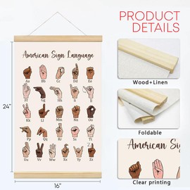 Sign Language Poster Hanger Framed, ASL Alphabet Canvas Print for Kids, Sign Language Alphabet Posters for Boho Classroom Decor, Educational, Back to School