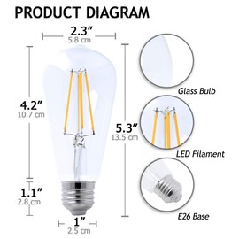 Mandala Crafts LED Edison Light Bulbs 60 Watt Decorative Vintage Style Incandescent Lightbulb Equivalent E26 Base ST58, Pack of 4, Non-Dimmable 4000K Daylight White