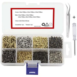 M2 Small Screws &Nails Set 1600pcs Tiny Phillips Flat Head Self-Tapping Screws and Wood String Art Nails 8mm 10mm, Contains Manual Repair Tools