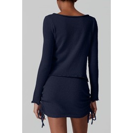 QINSEN Womens Solid Color Long Sleeve Crewneck Baggy Top with Drawstring Skirt Sweater Sets Navy M