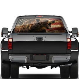 Flag and Bear Wallpaper Truck Back Window Sun Visor Graphics,Universal See Through Rear Window Vinyl Wrap,Full Rear Window Decals for Trucks 66in x 20in