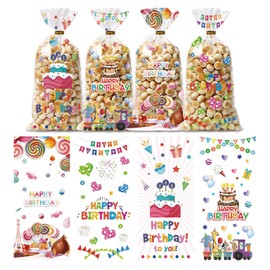 WRBAJIS Happy Birthday Cellophane Goodie Bags 50Pcs Clear Candy Bag Plastic Cake Star Treat Bags with Ties for Gift Cookie Birthday Baby Shower Party Supplies
