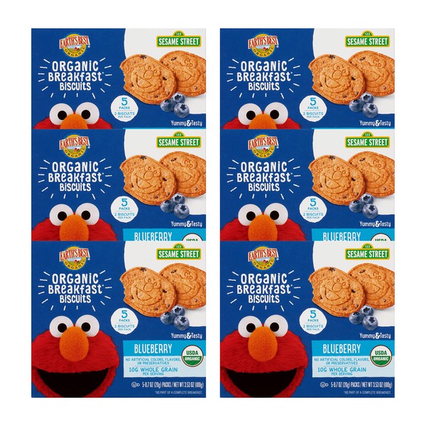 Earth's Best Organic Kids Snacks, Sesame Street Toddler Snacks, Organic Breakfast Biscuits for Kids 2 Years and Older, Blueberry, 2 Biscuits - 5 Count (Pack of 6)