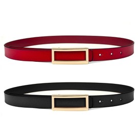 MoYoTo Women's 2 Pack Reversible Leather Belt Thin Waist Belt For Jeans Pants Dresses with Gold Square Buckle, Black+red, Suit Waistline 32”-39”