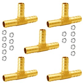 NICOLEKAY 1/4" Brass Barb Tee Fittings T-Shaped 3 Ways Union Hose Barb Pipe Fitting with 15pcs Stainless Steel Pipe Clamp for Water/Fuel/Air (Pack of 5)