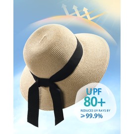 FURTALK FURTALK Womens Beach Sun Straw Hat UV UPF 80+ Travel Foldable Brim Summer UV Hat Mixed Beige
