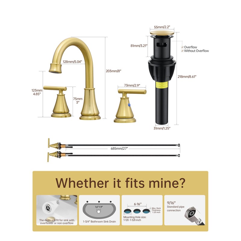 Fransiton Widespread Bathroom Sink Faucet 3 Hole, Brushed Gold Bathroom