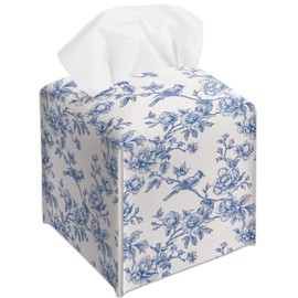 Blue Flower and Bird Decorative Square Leather Tissue Box Cover - Tissue Holder Gifts for Women and Friends on Birthday Housewarming Home Decor Decorative for Bathroom Kitchen Office Car - A08