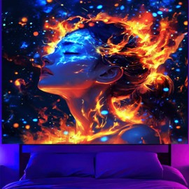Blacklight Fire Girl Tapestry Neon Cool Woman Wall Hanging Glow in the Dark Aesthetic Tapestry for Bedroom Home Dorm Decor (50 x 60 inches)