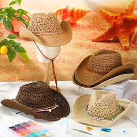 Hercicy 6 Set Coastal Cowgirl Hat Craft DIY with Beaded Making Kit Make Your Own Beach Straw Hat for Women Bachelorette Party (Khaki, Coffee, Beige)