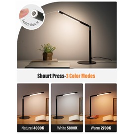 GOODCUCINA LED Desk Lamp, Home Office Eye Lamp, 3 Modes, Infinitely Adjustable Brightness, Metal, Multi-Angle Adjustment, Detachable Desk Lamp with USB (Black)
