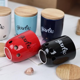 HAOTOP Garlic Keeper for Counter, Ceramic Garlic Saver Container with Wood Lid, Garlic Holder for Kitchen, Garlic Keeper to Keep Your Garlic Cloves Fresh Longer, Black