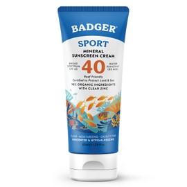 Badger Badger Reef Safe Sunscreen, SPF 40 Sport Mineral Sunscreen, 98% Organic Sunscreen Ingredients, Broad Spectrum, Water Resistant, Zinc Oxide Sunscreen, Unscented, 2.9 fl oz