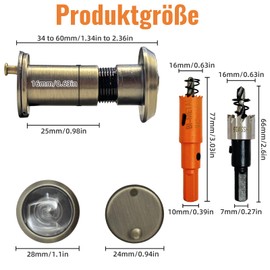 WanderGo Door Viewer 200° Wide Angle with Zinc Alloy Privacy Screen, Diameter 16 mm, Spy with Wood & Metal Drill Adjustable Length Cat Eye Door Viewer for 35-60 mm Doors (Steel)