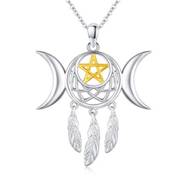YEESIA Triple Moon Goddess Necklace S925 Sterling Silver Dream Catcher Necklace for Women Witchy Wicca Amulet Pentagram Pendant Necklace for Women Mother Sister Daughter