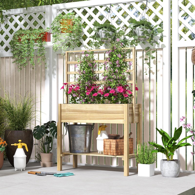 Outsunny Wooden Raised Garden Bed with Trellis, Elevated Planter Box