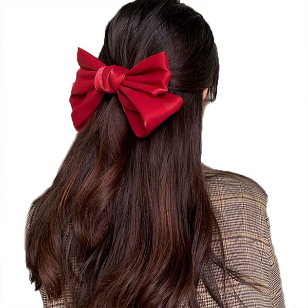 Large Bow Hair Clip Barrette Hair Bows Satin Solid Handmade Hair Clips Barrettes for Thick Hair Accessories for Women Girls Red Hair Bow French Style Barrette Hair Clip