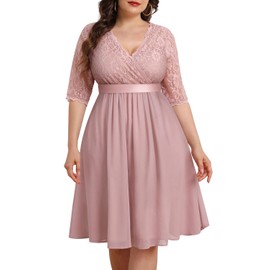 Plus Size Pink Dresses Women Cocktail Wedding Guest Semi-Formal Dusty Rose Bridesmaid Party Wrap V Neck Lace Chiffon Dress