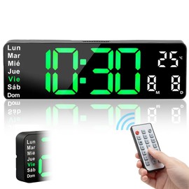 Reloj digital de 13 pulgadas, doble alarma con modo de memoria, brillo ajustable, reloj electrónico de pared LED con temperatura/fecha/día de la semana para casa, colegio, oficina（Fecha en español）