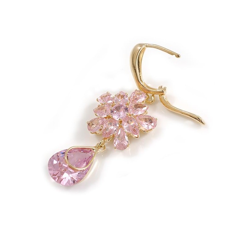Pink CZ Floral Dangle Earrings in Gold Plated Metal with