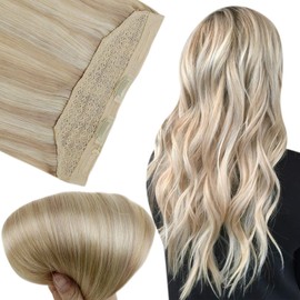 Fshine Invisible Hair Extensions Wire Human Hair 14Inch Invisible Extensions Hair Fish Line Layered Wire Headband Human Hair Ash Blonde Highlighted Bleach Blonde 70Gram Secret Wire Hair Extensions